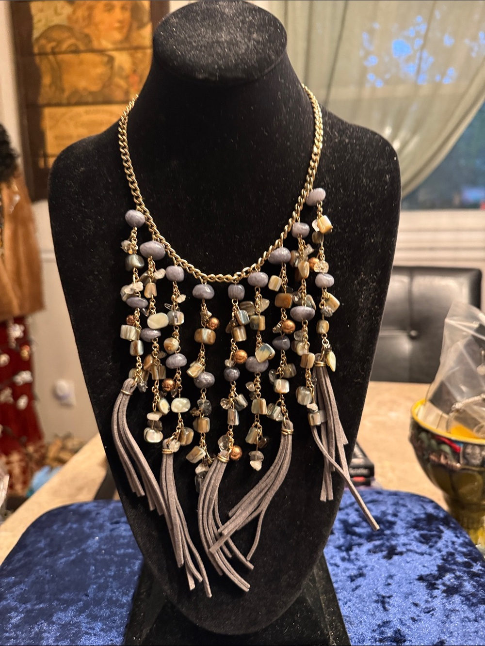 Vintage EL by Erica Lyons gold necklace with leather shell, stone, and glass